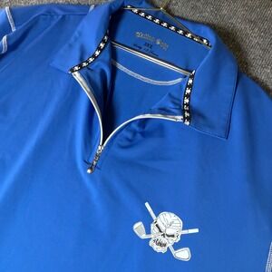 Blue Half-Zip Polo with Skull & Golf Clubs Graphic